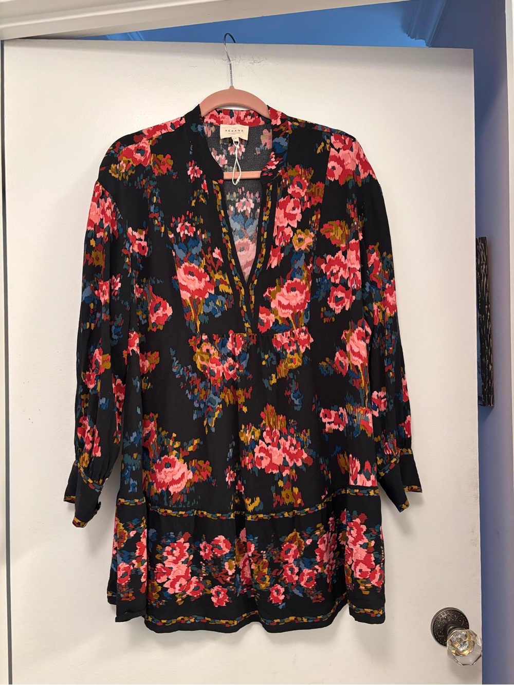 Sézane Black Bohemia Mini Dress with Pink Floral Print M - Picture 5 of 9